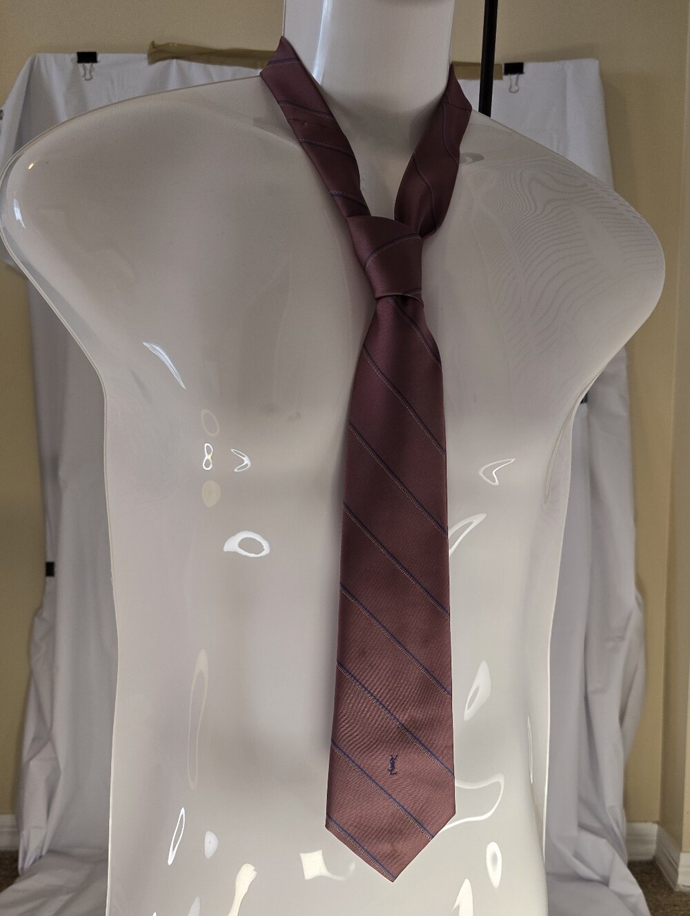 Vintage YSL Yves Saint Laurent Silk Necktie Dusty Rose Maroon Stripe Logo